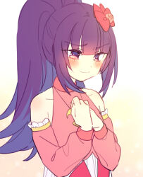 Rule 34 | 1girl, bad id, bad pixiv id, bare shoulders, blunt bangs, blush, bow, closed mouth, detached sleeves, hair bow, hanazono shuka, hand on own chest, hands up, idol time pripara, jewelry, long hair, long sleeves, looking down, n (m ohkamotoh), necklace, pink bow, ponytail, pretty series, pripara, purple eyes, purple hair, sad, shirt, simple background, sleeveless, sleeveless shirt, solo, upper body, white background