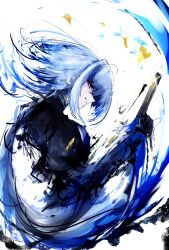 Rule 34 | 1girl, absurdres, black gloves, black jacket, blue hair, commentary, cropped jacket, earrings, feather hair, from side, galbrena (wuthering waves), gloves, grin, gun, hand up, hashtag-only commentary, highres, holding, holding gun, holding weapon, jacket, jewelry, long hair, looking at viewer, lue (llue l), profile, purple eyes, smile, solo, very long hair, weapon, white background, wuthering waves