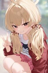 1girl absurdres ahoge animal_print blonde_hair blue_archive blush cat_print grin hair_ribbon highres jacket kuchisode looking_at_viewer low_twintails official_alternate_costume official_alternate_hairstyle pink_skirt plaid_clothes plaid_skirt red_jacket red_ribbon ribbon shirt skirt smile solo squatting twintails v white_shirt yellow_eyes yoshimi_(band)_(blue_archive) yoshimi_(blue_archive)
