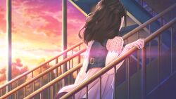 1girl belt_buckle belted_vest blue_vest blurry blurry_background brown_hair buckle casual cloud day denim_vest dress fingernails floating_clothes floating_hair floral_print from_behind fukuda_tomonori game_cg hand_on_railing highres long_hair non-web_source official_art outdoors pink_dress robotics;notes robotics;notes_dash senomiya_akiho short_sleeves sky solo standing sunlight sunset vest