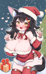 1girl :d alternate_costume animal_ear_fluff animal_ears bare_shoulders bell black_hair blush bow bowtie box breasts cleavage commentary_request cowboy_shot detached_collar detached_sleeves dress fur-trimmed_sleeves fur_collar fur_trim gift gift_box hair_ornament hat heart highres hololive huge_breasts kani_bonara long_hair long_sleeves looking_at_viewer multicolored_hair neck_bell night night_sky ookami_mio open_mouth outdoors red_bow red_bowtie red_hair red_thighhighs santa_costume santa_dress santa_hat sky smile solo star_(sky) starry_sky streaked_hair tail thighhighs virtual_youtuber wolf_ears wolf_girl wolf_tail yellow_eyes zettai_ryouiki