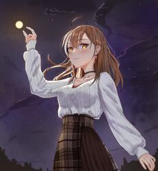 1girl absurdres ahoge aran_sweater arm_at_side arm_up belt black_choker breasts brown_belt brown_hair brown_overskirt brown_skirt buckle cable_knit choker closed_mouth cloud collarbone commentary_request cowboy_shot double-parted_bangs earrings expressionless full_moon hair_over_shoulder highres hololive hololive_english jewelry large_breasts light_blush long_hair long_sleeves moon nanashi_mumei necklace night night_sky orange_eyes outdoors overskirt plaid_belt plaid_clothes plaid_overskirt pleated_skirt puffy_long_sleeves puffy_sleeves red_shirt shirt skirt sky solo standing star_(sky) starry_sky sweater sweater_tucked_in tanac_mangi v-neck virtual_youtuber white_sweater