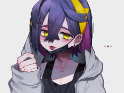 1boy black_hair black_mask black_tank_top blush collarbone_piercing crossed_bangs ear_piercing finger_piercing grey_background grey_jacket hair_between_eyes hairband heart heart-shaped_pupils highres hood hood_up hooded_jacket jacket kieran_(pokemon) long_sleeves looking_at_viewer male_focus mask mouth_mask multicolored_hair nintendo open_clothes open_jacket piercing pokemon pokemon_sv purple_hair shinonome_(delus1on) simple_background sleeves_past_wrists solo symbol-shaped_pupils tank_top tongue tongue_out tongue_piercing upper_body yellow_eyes yellow_hairband