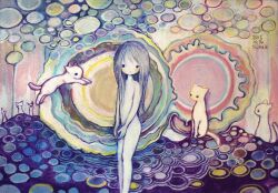1girl abstract_background animal cat colored_skin long_hair no_nipples nude original painting_(medium) si-ku traditional_media white_skin