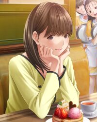1girl 3girls :d anegasaki_nene belt black_eyes black_hair black_tea blush bow bowtie brown_eyes brown_hair buttoned_cuffs buttons collarbone cup dessert elbow_rest elbows_on_table employee_uniform evening food forehead fork fruit hair_pulled_back hand_on_own_cheek hand_on_own_face head_rest headscarf highres holding ice_cream komari_mayuko light_smile long_hair long_sleeves looking_at_viewer love_plus medium_hair mole mole_under_eye multiple_girls official_art open_mouth orange_bow orange_bowtie otori_nodoka out_of_frame pancake peeking peeking_out pink_lips plate portrait restaurant ribbon saucer shirt short_hair short_sleeves sitting smile solo_focus strawberry syrup tareme tea teacup tray turtleneck waitress whipped_cream yellow_shirt