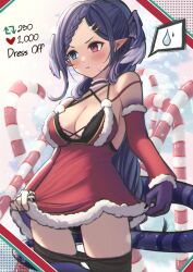1girl alternate_costume annoyed backless_dress backless_outfit bare_shoulders black_bra blue_eyes blush box bra braid braided_bangs breasts bustier candy candy_cane choker christmas cleavage closed_mouth clothes_lift clothes_pull collarbone cowboy_shot criss-cross_halter detached_sleeves dragon_girl dragon_tail dress fang flower food forehead fur_trim gift gift_box gluteal_fold hair_flower hair_ornament hairclip halter_dress halterneck head_wings heterochromia highres lace lace-trimmed_bra lace_trim leah_(134aah) like_and_retweet long_hair looking_away medium_breasts nijisanji nijisanji_en panties panty_peek pantyhose pantyhose_pull pointy_ears ponytail pout pouty_lips purple_eyes purple_hair red_dress santa_costume selen_tatsuki short_dress skin_fang skirt skirt_lift solo spoken_sweatdrop sweatdrop swept_bangs tail twitter_strip_game underwear very_long_hair virtual_youtuber wings