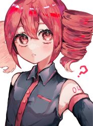 Rule 34 | 1girl, ?, arm at side, armpit crease, black sleeves, blush, breast pocket, collared shirt, crossed bangs, detached sleeves, drill hair, flat chest, hair between eyes, highres, kasane teto, kasane teto (utau), number tattoo, parted lips, pocket, red hair, red tattoo, shirt, shoulder tattoo, simple background, sleeveless, sleeveless shirt, solo, taiyooo5010, tattoo, twin drills, upper body, utau, white background, wing collar