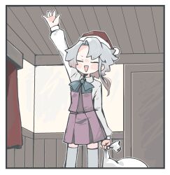 1girl akishimo_(kancolle) arm_up asymmetrical_hair bb_15hz black_border blue_bow blue_bowtie blush border bow bowtie brown_hair christmas closed_eyes collared_shirt dress grey_hair hat highres holding holding_sack indoors kantai_collection long_sleeves open_mouth purple_dress sack santa_hat shirt teeth thighhighs upper_teeth_only white_shirt white_thighhighs