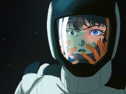 1boy 1girl blue_eyes bodysuit broken_glass broken_helmet commentary_request eyelashes fa_yuiry frown glass gloves gundam hand_on_own_face hand_to_own_mouth hands_up helmet kamille_bidan korean_commentary looking_at_viewer mecha_pilot_suit normal_suit_(gundam) orange_gloves orange_helmet parted_lips portrait pov reflection se8000601 space space_helmet spacesuit split_theme spoilers star_(sky) white_bodysuit zeta_gundam