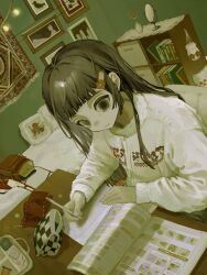 1girl blunt_bangs book brown_eyes brown_hair buttons closed_mouth eyelashes fingernails hair_ornament hairclip highres holding holding_pen indoors isa_(31q_13) jacket long_hair long_sleeves looking_at_object mirror needle open_book original pen pencil_case picture_frame pillow plant potted_plant rug sewing_needle sidelocks solo studying zipper zipper_pull_tab