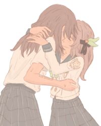 2girls artist_name back black_bow blush bow bowtie buttons closed_eyes commentary cowboy_shot english_commentary firefly_(honkai:_star_rail) firefly_(spring_missive)_(honkai:_star_rail) floral_print green_bow green_bowtie grey_hair grey_skirt hair_bow hair_ornament honkai:_star_rail honkai_(series) hug kiss korshokor leaf_hair_ornament long_hair long_sleeves multiple_girls official_alternate_costume plaid_clothes plaid_skirt puffy_long_sleeves puffy_sleeves sailor_collar shirt short_sleeves simple_background skirt standing stelle_(honkai:_star_rail) sweat trailblazer_(honkai:_star_rail) white_background white_shirt yuri