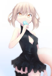 1girl absurdres artoria_pendragon_(fate) bare_shoulders black_one-piece_swimsuit blonde_hair blush braid breasts cleavage_cutout clothing_cutout deko_morii dress_swimsuit eating fate/grand_order fate_(series) food hair_bun highres innertube long_hair looking_at_viewer medium_breasts one-piece_swimsuit popsicle saber_alter saber_alter_(swimsuit_rider) saber_alter_(swimsuit_rider)_(first_ascension) sidelocks solo swim_ring swimsuit thighs yellow_eyes
