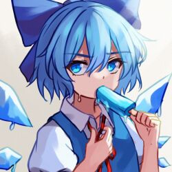 1girl blue_bow blue_eyes blue_hair blue_vest bow chunjiu cirno collar_tug collarbone collared_shirt eating food furrowed_brow gradient_background grey_background hair_between_eyes hair_bow highres holding holding_food holding_popsicle looking_at_viewer melting neck_ribbon popsicle puffy_short_sleeves puffy_sleeves red_ribbon ribbon shirt short_hair short_sleeves sidelocks simple_background sunlight sweatdrop touhou upper_body vest white_shirt