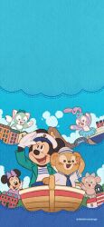 3boys 3girls animal_ears boat bow disneyland duffy_and_friends duffy_the_disney_bear gelatoni highres looking_at_viewer mickey_mouse mickey_mouse_&amp;_friends minnie_mouse multiple_boys multiple_girls purple_eyes rabbit_ears rabbit_girl shelliemay shirt smile stellalou takatmaorange water watercraft