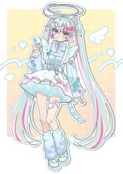 Rule 34 | 1girl, 39, absurdres, ahoge, aqua hair, belt, cellphone, commentary request, cute x subculture hatsune miku design contest, fashion, grid background, halo, hatsune miku, highres, holding, holding phone, jacket, jersey maid, kaninoto, leg warmers, long hair, long sleeves, looking at viewer, maid, multicolored hair, petticoat, phone, pink hair, shoes, smartphone, smile, solo, streaked hair, tenshi kaiwai, track jacket, twintails, unconventional maid, very long hair, vocaloid, white leg warmers, white shoes, yume kawaii