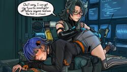 Rule 34 | 2girls, belle (zenless zone zero), blue hair, blush, breasts, djang0art, english text, fingerless gloves, glasses, gloves, hair ornament, highres, letter hair ornament, lying on lap, multiple girls, parted lips, partially fingerless gloves, ray yersin (zenless zone zero), short hair, shorts, single fingerless glove, single thighhigh, socks, thighhighs, yuri, zenless zone zero