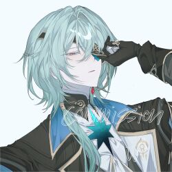 1boy anaxa_(honkai:_star_rail) black_gloves black_jacket blue_eyes chain commission earrings english_text eyepatch gloves half-closed_eyes hand_up highres honkai:_star_rail honkai_(series) jacket jewelry looking_at_viewer male_focus medium_hair nyangji one_eye_covered parted_lips partially_fingerless_gloves pink_pupils side_ponytail simple_background single_earring solo upper_body watermark white_background