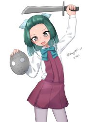 1girl absurdres aqua_bow bow collared_shirt contrapposto dated dress dress_shirt forehead green_hair grey_eyes grey_pantyhose halter_dress halterneck highres hockey_mask holding_machete kantai_collection machete maru_(marg0613) mask medium_hair one-hour_drawing_challenge pantyhose pleated_dress polka_dot polka_dot_ribbon ribbon shirt simple_background solo standing suzunami_(kancolle) sword twitter_username weapon white_background white_shirt