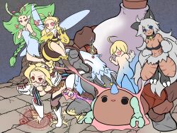 Rule 34 | 1boy, 4girls, animal ears, antennae, arthropod girl, bayeri (ragnarok online), bee girl, bell, bikini, black bikini, black thighhighs, blonde hair, blue eyes, boots, breasts, brown skirt, cat ears, cat girl, cat tail, cleavage, commentary request, dark-skinned female, dark skin, dieter (ragnarok online), eira (ragnarok online), eleanor (ragnarok online), elysia (honkai impact), elysia (miss pink elf) (honkai impact), fold-over boots, full body, genetic (ragnarok online), green hair, grey hair, grin, highres, insect girl, jingle bell, large breasts, long hair, magic circle, mask, mask on head, medium breasts, multiple girls, neck bell, open mouth, pointy ears, ragnarok iris, ragnarok online, red-framed eyewear, red eyes, rock, semi-rimless eyewear, sera (ragnarok online), short hair, skirt, slime (creature), small breasts, smile, swimsuit, tail, thighhighs, under-rim eyewear, unicorn, v-shaped eyebrows, vambraces, vanilmirth (ragnarok online), very long hair, white boots