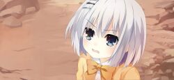 1girl aged_down blue_eyes bow bowtie brown_bow brown_bowtie date_a_live date_a_live:_spirit_pledge game_cg ground_shatter hair_ornament official_art open_mouth outdoors shirt short_hair solo third-party_source tobiichi_origami v-shaped_eyebrows white_hair