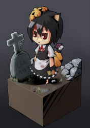 animal_ears black_hair blood cat_ears cat_tail fuji-k grave original red_eyes scar short_hair tail tombstone translation_request
