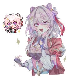 Rule 34 | 1girl, :d, bell, blue eyes, breasts, chibi, hair bell, hair ornament, highres, honkai: star rail, honkai (series), jingle bell, juliet sleeves, long hair, long sleeves, looking at viewer, march 7th (honkai: star rail), march 7th (hunt) (honkai: star rail), medium breasts, multicolored eyes, multiple views, open mouth, pink hair, puffy sleeves, purple eyes, shuangyaji, simple background, smile, sparkle, toriniku (tori paku2), two-tone eyes, upper body, white background
