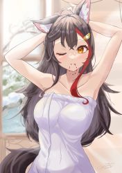 1girl absurdres animal_ear_fluff animal_ears armpits arms_up bare_arms black_hair blush breasts closed_mouth collarbone dated hair_ornament hair_tie hair_tie_in_mouth highres hololive long_hair looking_at_viewer medium_breasts mouth_hold multicolored_hair naked_towel ogura_toast one_eye_closed ookami_mio orange_eyes red_hair signature solo streaked_hair tail towel tying_hair upper_body virtual_youtuber wet wolf_ears wolf_girl wolf_tail
