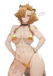 ... 1girl abs absurdres alternate_costume animal_ear_fluff animal_ear_piercing areola_slip artist_name averting_eyes bare_arms bare_shoulders belt_collar bikini black_nails blush body_markings breasts breasts_apart brown_hair collar commentary contrapposto cowboy_shot curtained_hair fang fingernails forehead gluteal_fold gold_bikini golden_week golden_week_bikini green_eyes hair_over_one_eye hands_on_own_hips highleg highleg_bikini highres hyena_ears hyena_girl hyena_tail idol_corp large_breasts medium_hair micro_bikini myth1carts navel one_eye_covered scar scar_across_eye scar_on_chest scar_on_face scar_on_leg scar_on_stomach sharp_fingernails shy sidelocks simple_background skin_fang solo stomach sweat swimsuit thick_thighs thighs toned toned_female virtual_youtuber white_background yena_youngblood