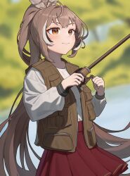 1girl absurdres ahoge alternate_costume blurry blurry_background brown_eyes brown_hair crossed_bangs feather_hair_ornament feathers fishing fishing_gear fishing_rod hair_ornament hairclip highres hippoppo22 holding holding_fishing_rod hololive hololive_english long_hair long_sleeves multicolored_hair nanashi_mumei pleated_skirt ponytail red_skirt runes shirt skirt smile streaked_hair very_long_hair vest virtual_youtuber white_shirt