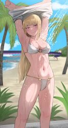 1girl armpits arms_up beach bikini blonde_hair blunt_bangs breasts claire_volikova clothed_bath day hairband highres jourd4n long_hair o-ring o-ring_bikini original outdoors pink_eyes showering smile swimsuit wet white_bikini white_hairband