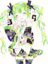 1girl 39 absurdres bare_shoulders black_ribbon black_skirt black_thighhighs blue_ribbon breasts commentary cowboy_shot detached_sleeves double_v green_hair green_necktie hair_ribbon hand_up hatsune_miku highres light_blush long_hair masking_tape_(medium) mixed_media necktie ribbon shirt sidelocks skirt sleeveless sleeveless_shirt small_breasts smile solo thighhighs traditional_media twintails unconventional_media v very_long_hair vocaloid white_shirt wide_sleeves yua_(mokamoka9103) zettai_ryouiki