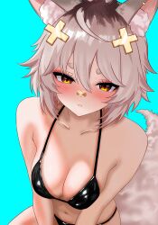 Rule 34 | 1girl, absurdres, animal ear fluff, animal ears, aqua background, bandaid, bandaid on face, bandaid on nose, bare shoulders, bikini, black bikini, blush, breasts, brown hair, cleavage, dfswift, eyelashes, eyeshadow, hair between eyes, hair ornament, highres, indie virtual youtuber, large breasts, looking at viewer, makeup, red eyeshadow, shiny swimsuit, shirahiko (vtuber), short eyebrows, short hair, simple background, solo, string bikini, swimsuit, tail, virtual youtuber, x hair ornament