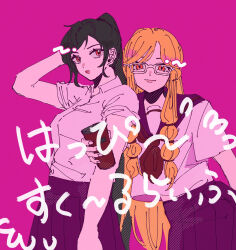 Rule 34 | 2girls, arm at side, arm behind back, black sailor collar, black skirt, blonde hair, braid, breasts, cup, glasses, ha yuri zahard, hand on own head, highres, holding, holding cup, lips, locked arms, long hair, looking at viewer, multiple girls, original, pink background, pink theme, po bidau tiara, ponytail, red eyes, red ribbon, ribbon, sailor collar, school uniform, shirt, short sleeves, skirt, smile, tower of god, twin braids, white shirt, wy285223