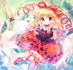 Rule 34 | 2girls, alternate hairstyle, amo (shibu3), black shirt, blonde hair, bloomers, blue eyes, blush, bubble, bubble skirt, choker, collar, fairy wings, floral background, flower, frilled wrist cuffs, frills, garter straps, green background, heart ribbon, highres, jitome, lily of the valley, long face, long hair, looking to the side, medicine melancholy, mini person, minigirl, multiple girls, red choker, red ribbon, red shoes, red skirt, ribbon, shirt, shoes, skirt, skirt hold, smile, socks, sparkle, su-san, touhou, underwear, white collar, white ribbon, white socks, wings, wrist cuffs