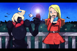 1girl alice_(pokemon) bad_id bad_pixiv_id balcony blonde_hair blue_eyes blue_sky breasts cleavage darkrai day dress flower gen_4_pokemon leaf legendary_pokemon lens_flare liht098hue long_hair looking_at_another looking_away mythical_pokemon nintendo one_eye_closed pokemon pokemon:_the_rise_of_darkrai pokemon_(anime) pokemon_(creature) pokemon_dppt_(anime) red_dress scarf sky small_breasts tree