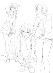1girl :s ? accidental_exposure ass bag clothes_lift convenient_leg covering_crotch covering_privates feet_out_of_frame from_behind holding holding_hose hose kneepits lineart loafers monochrome multiple_views original panties pleated_skirt profile ribbed_socks ryuuta_(msxtr) school_bag school_uniform shoes short_hair sitting skirt skirt_lift smile socks sweater_vest underwear upper_body wavy_mouth wedgie