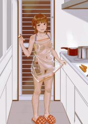 1girl absurdres apron apron_hold apron_lift argyle_clothes argyle_footwear blunt_bangs blush boiling breasts brown_eyes brown_hair carrot cellphone closed_mouth clothes_lift commentary cooking cooking_pot cutting_board exhibitionism groin hand_up highres holding_tool kitchen kitchen_hood lifting_own_clothes light_blush looking_at_viewer naked_apron navel nipples nude orange_slippers original peeler phone phone_in_pocket pink_lips pocket ponytail pubic_hair public_indecency raised_eyebrows see-through_apron see-through_clothes shimokori shoulder_blush sidelocks slippers small_breasts smartphone smile solo standing steam stove tile_floor tiles