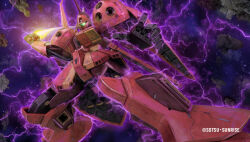 asteroid battle cable copyright_logo electricity energy energy_sword exposed_internal_machinery glowing glowing_eye gundam gundam_battle_operation_2 gundam_zz machinery mecha mecha_focus mobile_suit nebula neo_zeon official_art one-eyed painting_(medium) r-jarja radio_antenna realistic robot scan science_fiction space star_(sky) sunrise_(company) sword tenjin_hidetaka thrusters traditional_media vernier_thrusters weapon