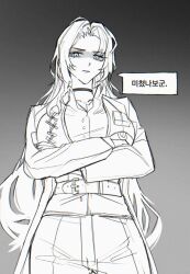 1girl belt body_switch breasts chanil_(muexlku) closed_mouth coat collared_shirt cowboy_shot crossed_arms from_below greyscale highres korean_text large_breasts limbus_company long_hair long_sleeves looking_at_viewer meursault_(project_moon) monochrome parted_bangs personality_switch project_moon rodion_(project_moon) shaded_face shirt solo speech_bubble very_long_hair vest