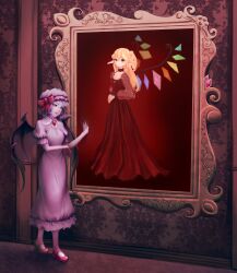 1girl absurdres ascot bat_wings blonde_hair bow crystal dress flandre_scarlet full_body hat hat_ribbon highres klabisot long_hair looking_at_viewer mob_cap multiple_girls painting_(object) picture_frame puffy_sleeves purple_hair red_eyes remilia_scarlet ribbon shoes short_hair short_sleeves siblings side_ponytail sisters skirt smile standing touhou wings