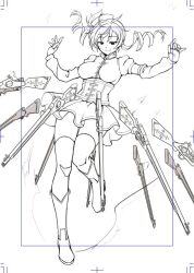 1girl boots breasts character_request closed_mouth commentary copyright_request corset detached_sleeves drill_hair english_commentary floating_hair frilled_skirt frills gun half-closed_eyes hat impossible_clothes impossible_shirt large_breasts lineart long_hair long_sleeves miniskirt pas_(paxiti) puffy_short_sleeves puffy_sleeves rifle shirt short_sleeves skirt smile solo spot_color telekinesis thighhighs twin_drills underbust weapon zettai_ryouiki
