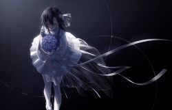 1girl absurdres antenna_hair asymmetrical_sleeves black_background black_hair blue_flower blue_rose bouquet closed_mouth commentary dress closed_eyes flower hair_flower hair_ornament hand_on_arm highres kikuchi_makoto light_smile long_sleeves pantyhose raised_eyebrows ribbon rose short_hair short_sleeves solo v_arms vickyycy99 white_dress white_footwear white_pantyhose