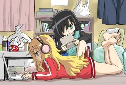 Rule 34 | 10s, 2girls, bag, bags under eyes, barefoot, black hair, blonde hair, can, computer, crossover, drink can, feet, gabriel dropout, gabriel tenma white, green eyes, hair over one eye, highres, jacket, knives (knives777), kuroki tomoko, laptop, long hair, long sleeves, multiple girls, plastic bag, playing games, soda can, track jacket, trait connection, very long hair, watashi ga motenai no wa dou kangaetemo omaera ga warui!