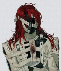 Rule 34 | 1boy, aleph (reverse:1999), black gloves, black mask, covered face, cracked mask, dice, facing viewer, gloves, grey background, hand up, highres, long hair, male focus, polyhedral dice, reverse:1999, shirt, solo, upper body, watermark, white shirt, xjsbca