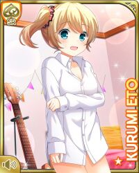 1girl :o blonde_hair blue_eyes bottomless card_(medium) character_name day dress_shirt electric_guitar eto_kurumi girlfriend_(kari) guitar indoors instrument official_art open_mouth ponytail qp:flapper shirt solo standing tagme white_shirt