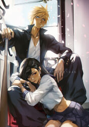 1boy 1girl baggy_pants bandaid bandaid_on_cheek bandaid_on_face baseball_bat black_hair black_jacket black_pants blonde_hair blue_eyes blue_sailor_collar blue_scrunchie blue_skirt blush bracelet closed_mouth cloud_strife cloud_strife_(midgard_seventh_high_school) collarbone commentary cropped_shirt delinquent earrings elbow_rest english_commentary falling_petals feet_out_of_frame final_fantasy final_fantasy_vii final_fantasy_vii_ever_crisis gakuran hair_behind_ear hair_ornament hair_scrunchie hairclip head_rest heart heart_earrings highres holding holding_baseball_bat jacket jewelry leaning_on_person lips long_hair looking_at_viewer low-tied_long_hair midriff miniskirt navel official_alternate_costume open_clothes open_jacket pants petals pink_petals pleated_skirt red_eyes sailor_collar school_uniform scrunchie serafuku shirt short_hair single_earring sitting sitting_between_lap skirt spiked_hair spring_(season) spykeee swept_bangs tifa_lockhart tifa_lockhart_(midgard_seventh_high_school) twitter_username white_serafuku white_shirt