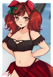 1girl alternate_costume animal_ears arms_behind_back b9pqpy bikini blurry blurry_background blush breasts brown_hair cleavage collarbone commentary_request hair_between_eyes hair_ornament highres horse_ears horse_tail looking_at_viewer medium_breasts medium_hair nice_nature_(umamusume) red_hair signature swimsuit tail umamusume