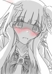 1girl @_@ absurdres animal_ears blush chrono_genesis_(umamusume) collarbone commentary_request embarrassed flustered hair_between_eyes hair_ornament hands_on_own_cheeks hands_on_own_face highres horse_ears horse_girl looking_at_viewer monochrome open_mouth portrait scene_reference school_uniform shaded_face simple_background solo take20131004 tracen_school_uniform umamusume wavy_mouth white_background