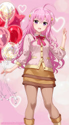 1girl :d ahoge balloon boots bow breasts brown_boots brown_skirt collared_shirt commentary_request feet_out_of_frame flower fujima_takuya grey_jacket hair_between_eyes hair_flower hair_ornament holding holding_balloon jacket kyrie_florian long_hair long_sleeves looking_at_viewer lyrical_nanoha mahou_shoujo_lyrical_nanoha open_mouth pink_background pink_hair puffy_long_sleeves puffy_sleeves purple_bow purple_eyes shirt skirt small_breasts smile solo standing star_balloon very_long_hair white_flower white_shirt