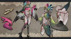 1girl animal animal_ears animal_hands ass bird_ears bird_tail breasts brown_background claws commentary digitigrade feather_hair feathers green_feathers green_hair grey_feathers harpy headdress highres kyuri_tizu monster_girl multiple_views navel original pink_eyes pink_feathers small_breasts snake symbol-only_commentary tail talons